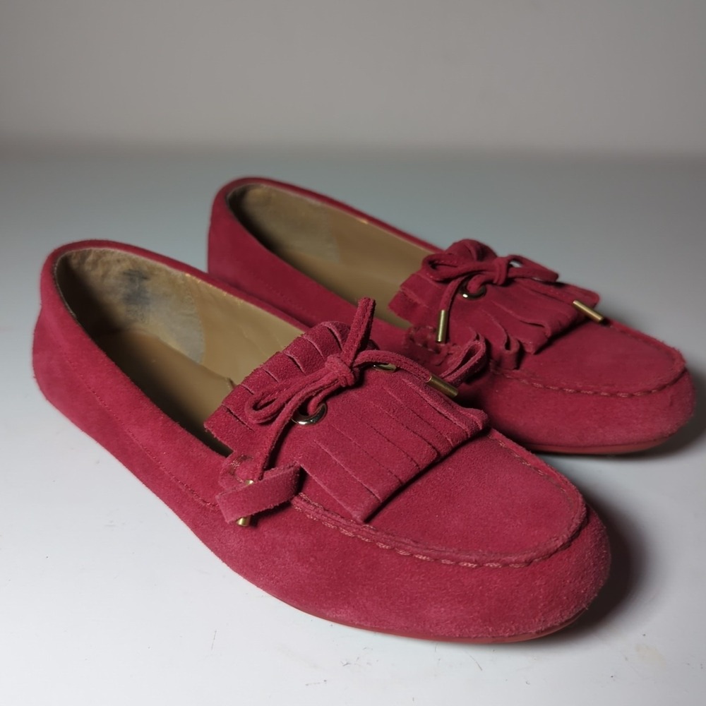 Lands End Women's 7 Suede Driving Shoes Moccasins Slip On Loafers Raspberry‎ Red